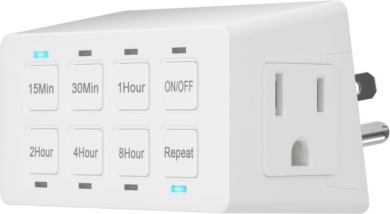 TG 8-Hour Indoor Countdown Plug-in Timer, Timer for Electrical Outlets, 15-30 Min 1-2-4-8 Hour, UL Listed, for Fans or Lights, 1/4 HP, White - Image 1